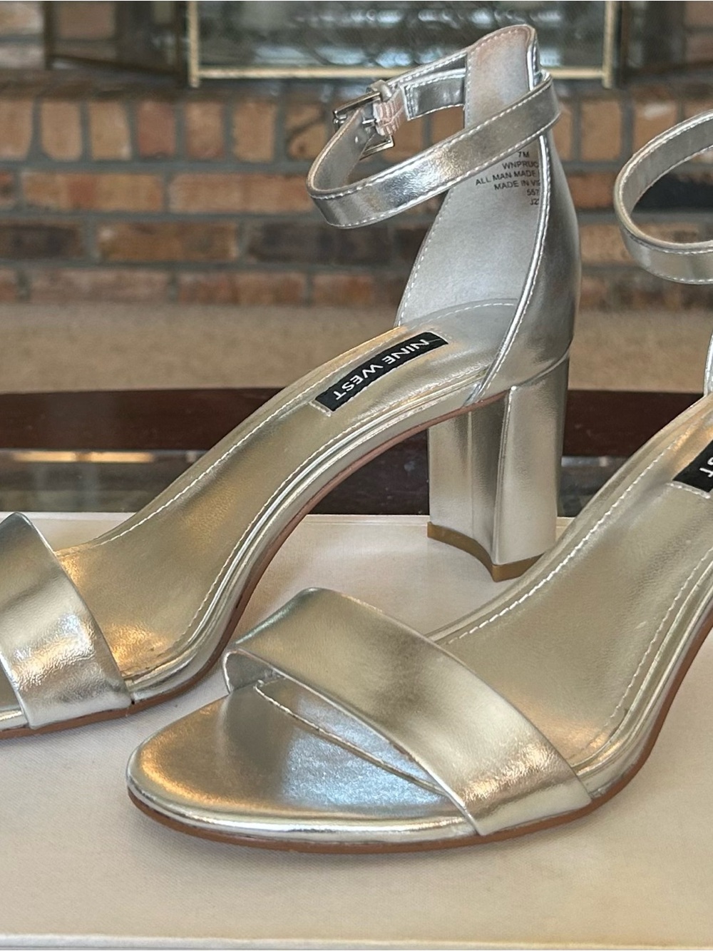 Nine West Metallic Silver Block Heel Ankle-Strap Sandals